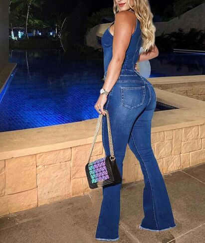 جمبسوت نسائي من قماش الدنيم مجوف من xxxiticat بدون أكمام وزر للإغلاق وفتحة ضيقة وواسعة من الجينز in Saudi Arabia