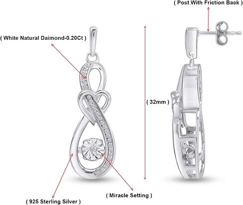 1/5 Cttw Dancing Natural Diamond Infinity Heart Drop Ear، أقراط فضية متدلية، 14K الذهب على الفضة الاسترليني هدية مجوهرات لها in Saudi Arabia