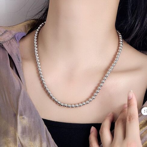 Men Solid 925 Sterling Silver Bead Necklace Women 4MM 6MM Round Prayer Beads Link Chain 18 "20" 22 "24" 26 "28" 30" 32" 34Boys Teens Italy Jewelry Gift in Kuwait