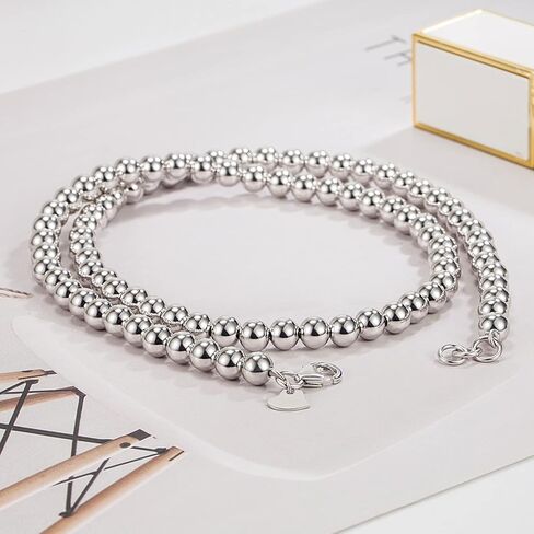 Men Solid 925 Sterling Silver Bead Necklace Women 4MM 6MM Round Prayer Beads Link Chain 18 "20" 22 "24" 26 "28" 30" 32" 34Boys Teens Italy Jewelry Gift in Kuwait