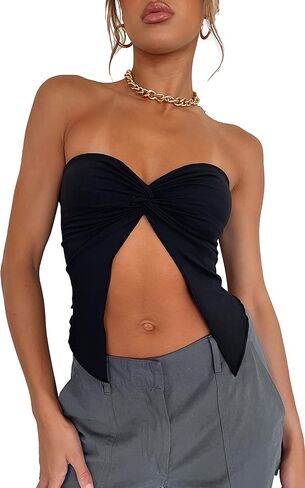 Meladyan Women Sexy Strapless Twist Knot Tube Top Slit Front Bandeau Tops Summer Solid Sleeveless Split Crop Tops Tank Corset in Saudi Arabia