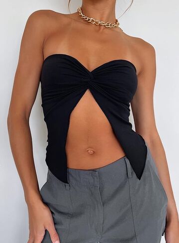 Meladyan Women Sexy Strapless Twist Knot Tube Top Slit Front Bandeau Tops Summer Solid Sleeveless Split Crop Tops Tank Corset in Saudi Arabia