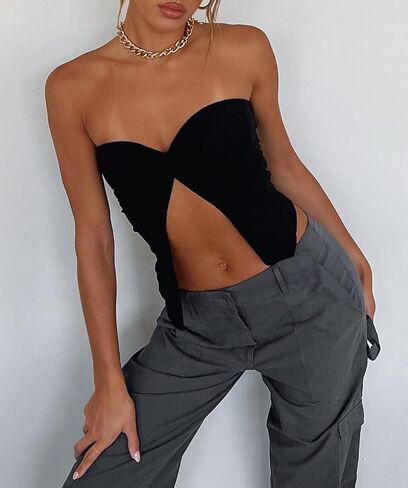 Meladyan Women Sexy Strapless Twist Knot Tube Top Slit Front Bandeau Tops Summer Solid Sleeveless Split Crop Tops Tank Corset in Saudi Arabia