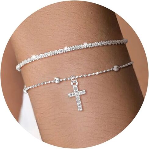 Risamil الذهب / الفضة الصليب سلسلة سوار للنساء العصرية 14K الذهب مطلي اللؤلؤ مطرز أساور لذيذ لامعة الفضة الصليب سحر الإسورة سوار مجوهرات للنساء الفتيات in Kuwait