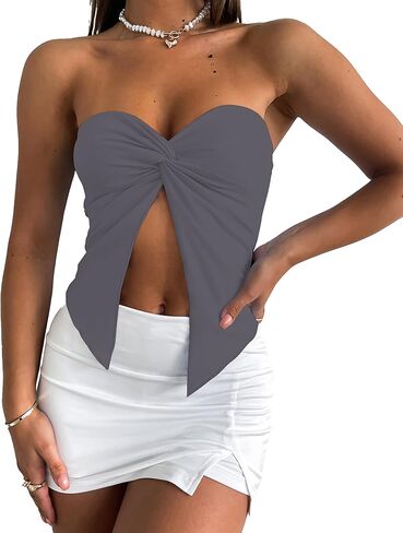 Meladyan Women Sexy Strapless Twist Knot Tube Top Slit Front Bandeau Tops Summer Solid Sleeveless Split Crop Tops Tank Corset in Saudi Arabia