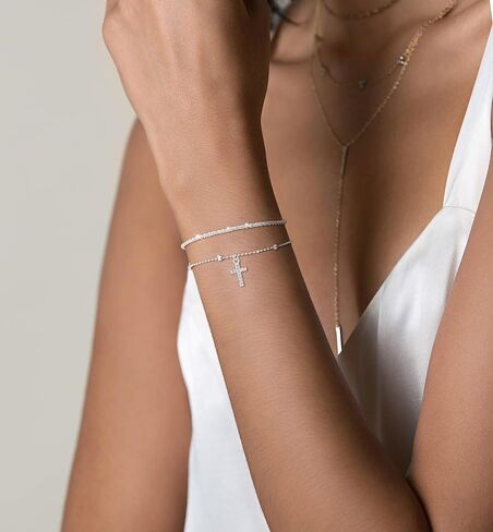 Risamil الذهب / الفضة الصليب سلسلة سوار للنساء العصرية 14K الذهب مطلي اللؤلؤ مطرز أساور لذيذ لامعة الفضة الصليب سحر الإسورة سوار مجوهرات للنساء الفتيات in Kuwait