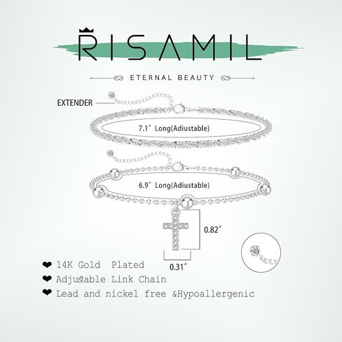 Risamil الذهب / الفضة الصليب سلسلة سوار للنساء العصرية 14K الذهب مطلي اللؤلؤ مطرز أساور لذيذ لامعة الفضة الصليب سحر الإسورة سوار مجوهرات للنساء الفتيات in Kuwait