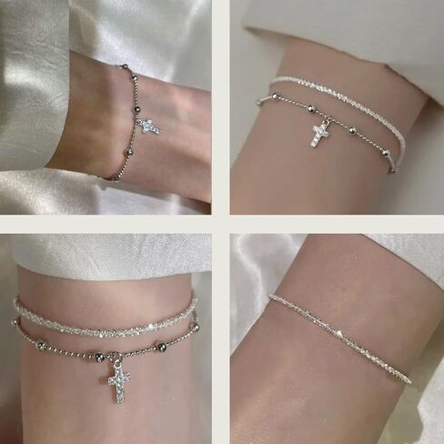 Risamil الذهب / الفضة الصليب سلسلة سوار للنساء العصرية 14K الذهب مطلي اللؤلؤ مطرز أساور لذيذ لامعة الفضة الصليب سحر الإسورة سوار مجوهرات للنساء الفتيات in Kuwait