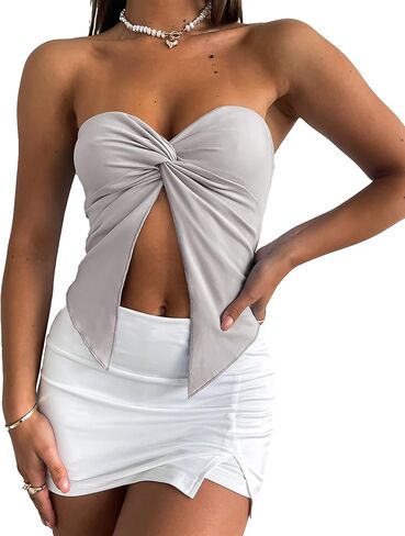 Meladyan Women Sexy Strapless Twist Knot Tube Top Slit Front Bandeau Tops Summer Solid Sleeveless Split Crop Tops Tank Corset in Saudi Arabia
