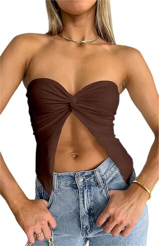 Meladyan المرأة مثير حمالة تويست عقدة صديرية دائرية الشق الجبهة العصابة القمم الصيف الصلبة أكمام سبليت المحاصيل القمم تانك مشد in Kuwait