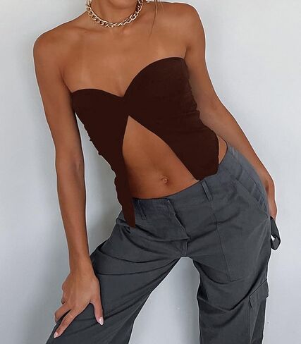 Meladyan المرأة مثير حمالة تويست عقدة صديرية دائرية الشق الجبهة العصابة القمم الصيف الصلبة أكمام سبليت المحاصيل القمم تانك مشد in Kuwait