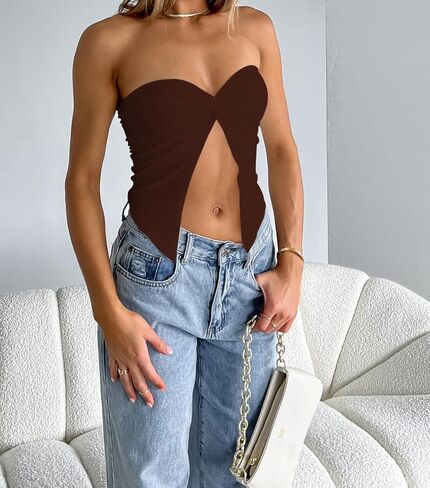 Meladyan المرأة مثير حمالة تويست عقدة صديرية دائرية الشق الجبهة العصابة القمم الصيف الصلبة أكمام سبليت المحاصيل القمم تانك مشد in Kuwait