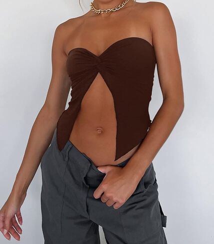 Meladyan المرأة مثير حمالة تويست عقدة صديرية دائرية الشق الجبهة العصابة القمم الصيف الصلبة أكمام سبليت المحاصيل القمم تانك مشد in Kuwait