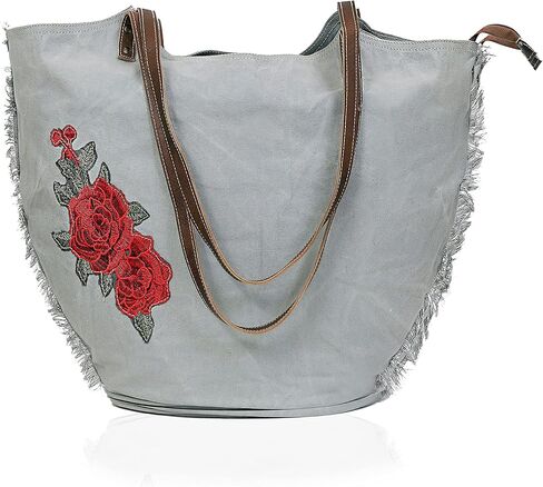 CREATIVE LEATHER ART CLA Upcycle Canvas Tote Bag, Beautiful Rose embroidery designs Fashion Style Tote Bag for Women's, Upcycle Canvas Shoulder Bag for Women, Light Grey, Grey in Kuwait
