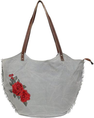 CREATIVE LEATHER ART CLA Upcycle Canvas Tote Bag, Beautiful Rose embroidery designs Fashion Style Tote Bag for Women's, Upcycle Canvas Shoulder Bag for Women, Light Grey, Grey in Kuwait