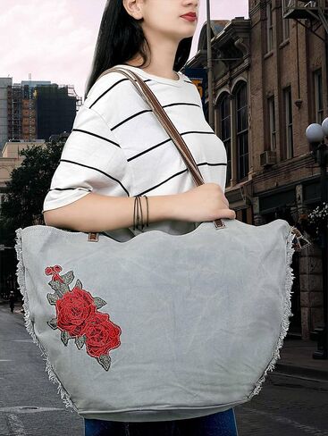 CREATIVE LEATHER ART CLA Upcycle Canvas Tote Bag, Beautiful Rose embroidery designs Fashion Style Tote Bag for Women's, Upcycle Canvas Shoulder Bag for Women, Light Grey, Grey in Kuwait