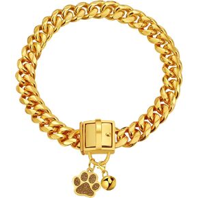 Dog Chain Collars Gold Chain Dog Collar 14mm Cuban Link Dog Collar with Secure Snap Buckle 18K Stainless Steel Metal Dog Gold Chain for Puppy Small Medium Large Dogs with Dog tag & Bell(10")