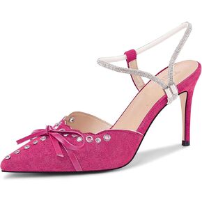 Fericzot Women's Pointed Toe Bow Tie Mule Heels Adjustable Strap Backless Studded Stilettos Slip On Dress Pump Shoes Party Wedding