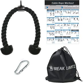 Black Tricep Rope Pull Down & Poster Set | 27 or 36 Inch Heavy Duty Nylon Rope, Chrome Cable Attachment | Professional or Home Gyms | Includes Workout Poster, Snap Hook, Bag