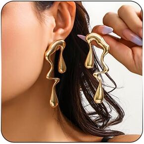 Irregular WaterDrop Earrings, Melted Liquid Asymmetrical Stainless Steel Drop Earrings Vintage Exaggerated Embrace Minimalist Earrings Gold Statement Earrings for Women