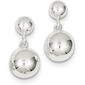 Solid 925 Sterling Silver Round Bead Dangle Post Studs Earrings (21mm x 10mm)