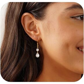 Pearl Earrings for Women, Dainty 14K Gold/Sterling Silver Plated Pearl Drop Earrings Trendy Pearl Dangle Earrings Pearl Hoop Earrings Pearl Stud Earrings Wedding Bridal Jewelry for Women Gifts