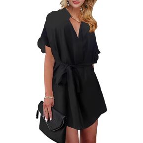 Women's Short Sleeve Tunic Dress V Neck Loose Fit Casual Summer Flowy Mini Beach Cover Up with Belt