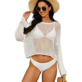 Jumppmile Women's Crochet Cover Up Long Sleeve Oversized Swimsuit Bikini Cover Up Tops