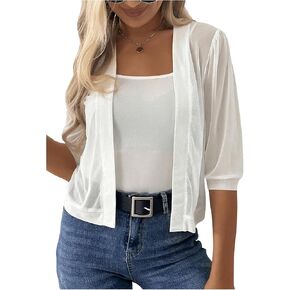 MakeMeChic Women's Beach Cover Up Short Sleeve Open Front Mesh Sheer Kimono Cardigan Swimwear Crop Top
