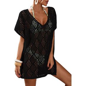 Floerns Women's Boho Crochet Hollow Out Sheer V Neck Short Sleeve Beachwear Cover Up
