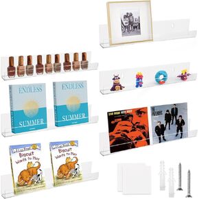 6 Pack Acrylic Bookshelf 15 Inch Clear Book Shelves for Wall Invisible Floating Picture Ledge Shelf for Vinyl Display, Record Holder, Magazine Rack
