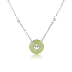 Natural Hetian Jade Green Donut Double Layer Pendant Necklace Choker 14K Gold Good Luck Necklace 18inch Birthday Gift for Women Mother