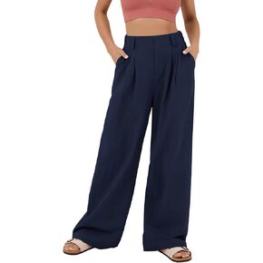 Women's Wide Leg Pants High Rise Lounge Pants Elastic Waist Solid Color Loose Trousers with Pockets
