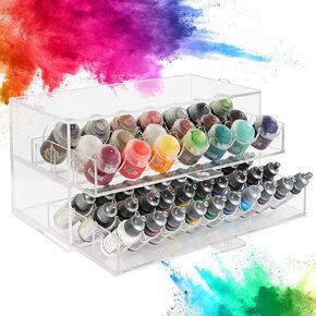 Acrylic Paint Storage Organizer - 50 Bottle Miniature, Hobby, Enamel, Model Paint Holder - 2 Drawer Clear Acrylic Craft Storage - Desktop Art Organization Container for Craft Room Studio