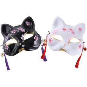 SEWACC 2pcs Cat Mask Japanese Style Anime Mask Cosplay Half Face Cat Mask Kabuki Cat Mask Dress-Up Costume Mask for Halloween Masquerade Party