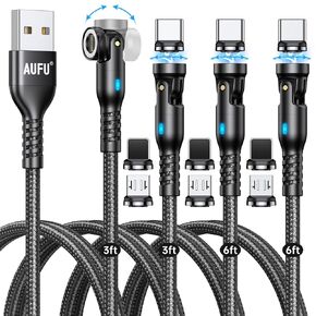 AUFU 9Pin Magnetic Charging Cable (4Pack-3ft/3ft/6ft/6ft), 360°/180° Rotating Magnetic Phone Charger Cord, 3A Magnetic Fast Charging Cable, USB Data Transfer Cable for Type C/Micro USB/i-Product