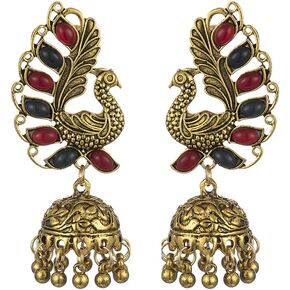 Jhumka Jhumki Bollywood Traditional Ethnic Indian Earrings for Women Girls Tassel Bell Ball Earring Vintage Peacock Statement Oxidized Antique Wedding Party Festival Boho Bohemian Jewelry Gift