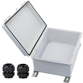 Outdoor Waterproof Electrical Box Junction Box Weatherproof IP67 ABS Plastic Enclosure Switch Router Project Box with Mounting Plate with Wall Bracket 2 Cable Glands Grey 8.7"x6.7"x4.3"