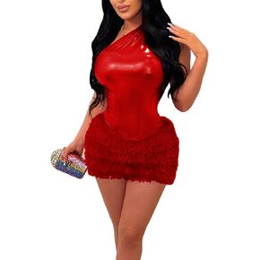 2 Piece Outfits for Women Sexy One Shoulder Metallic Bodysuit Top Night Party Club Mini Skirt Set