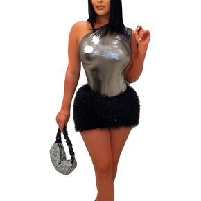 2 Piece Outfits for Women Sexy One Shoulder Metallic Bodysuit Top Night Party Club Mini Skirt Set