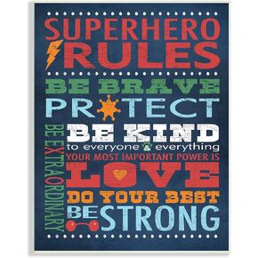 The Kids Room by Stupell Dark Blue Superhero Rules Rectangle Wall Plaque, 11 x 0.5 x 15, Proudly Made in USA