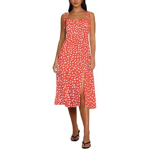 Relipop Women Summer Midi Slip Dress Ruched Bust Tie Straps Sundress Square Neck Smocked Back Casual Slit Dresses for Women