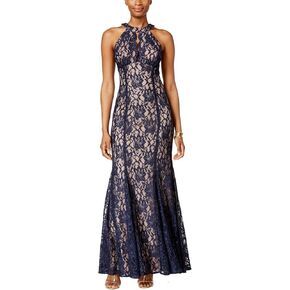 Womens Mesh Lace Evening Dress Navy 4, Blue