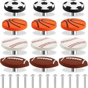 12 Pcs Sports Ball Dresser Knobs Rubber Sports Drawer Hardware Handle for Cabinet, Nursery, Kitchen and Home Decor (Football, Basketball, Softball & Rugby Styles)