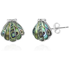 Sterling Silver Abalone or Simulated Turquoise Seashell Stud Earrings