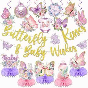 LARRAZABAL Butterfly Baby Shower Decorations for Girl Butterfly Kisses and Baby Wishes Banner Hanging Swirls and Honeycomb Centerpiece Party Decorations