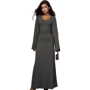 ZGMYC Women's Scoop Neck Lace Up Ribbed Maxi Dress Knit Flare Sleeve Bodycon Dress Loose Casual Long Dresses