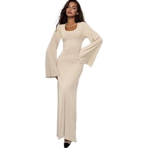 ZGMYC Women's Scoop Neck Lace Up Ribbed Maxi Dress Knit Flare Sleeve Bodycon Dress Loose Casual Long Dresses in Kuwait