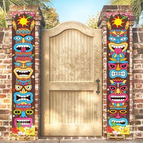Hawaiian Luau Party Decoration, Tiki Totem Door Banner Hawaiian Aloha Banner Sign for Tropical Tiki Decorations Hawaii Birthday Pool Beach Party Decorations Summer Tiki Bar Home Outdoor Decorations