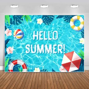 Sensfun Hello Summer Pool Party Backdrop Tropical Swimming Ring Balls Hawaiian Birthday Photography Background Boy Girls Baby Shower Party Supplies Aloha Luau Decorations Banner Photobooth Props 7x5ft